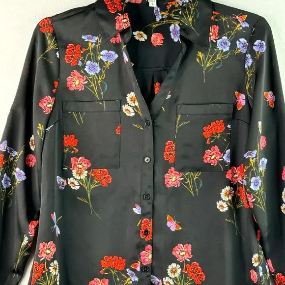 Express The Portofino Shirt Slim Fit Floral Long Sleeve Blouse Black Red Small - Picture 7 of 13
